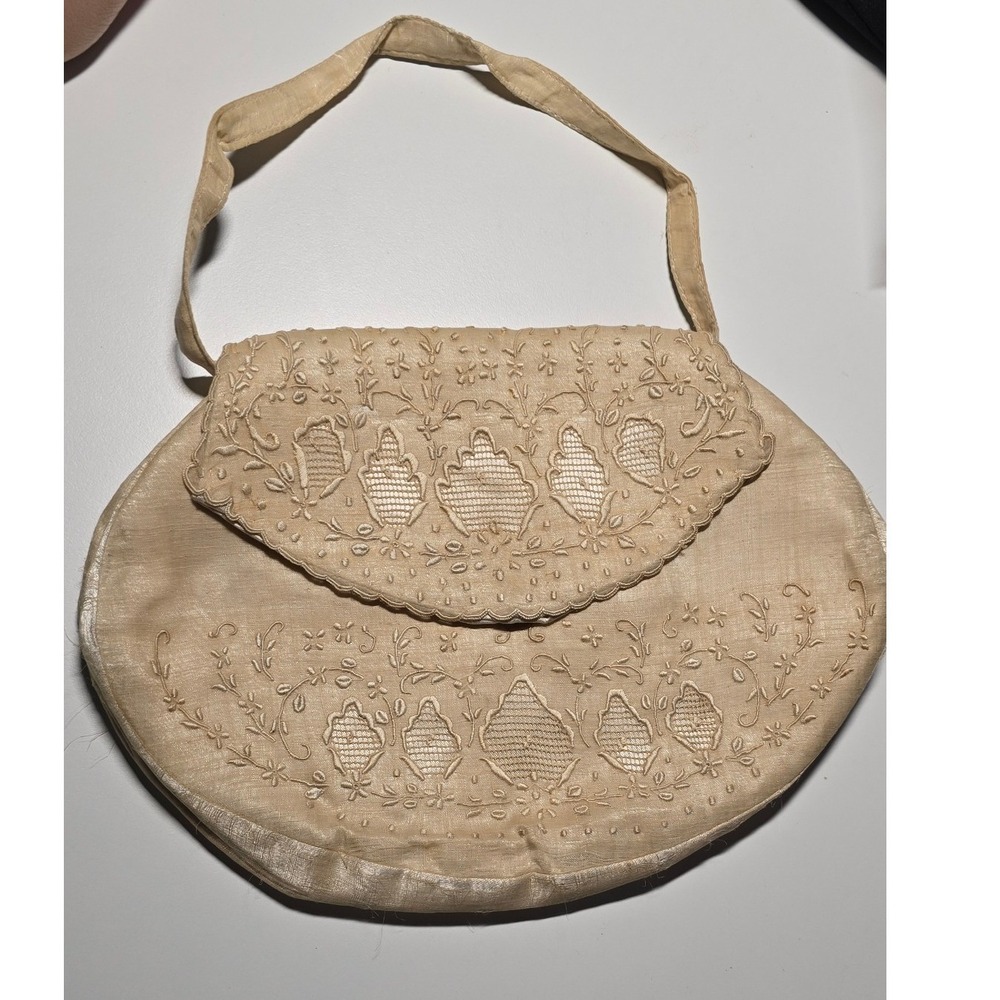 Vintage‎ embroidered Clutch Evening Bag Champagne Satin Formal Party Silk emo